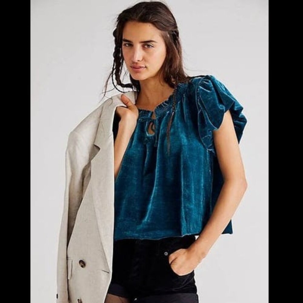 Free People Terese Velvet Puff Sleeve Blouse Boho Chic Minimalist Western Retro